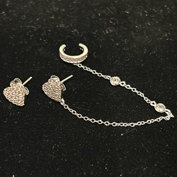 Pave Cubic Zirconia Heart Posts & CZ Ear Cuff on a Chain-Boutique - Picture 1 of 2